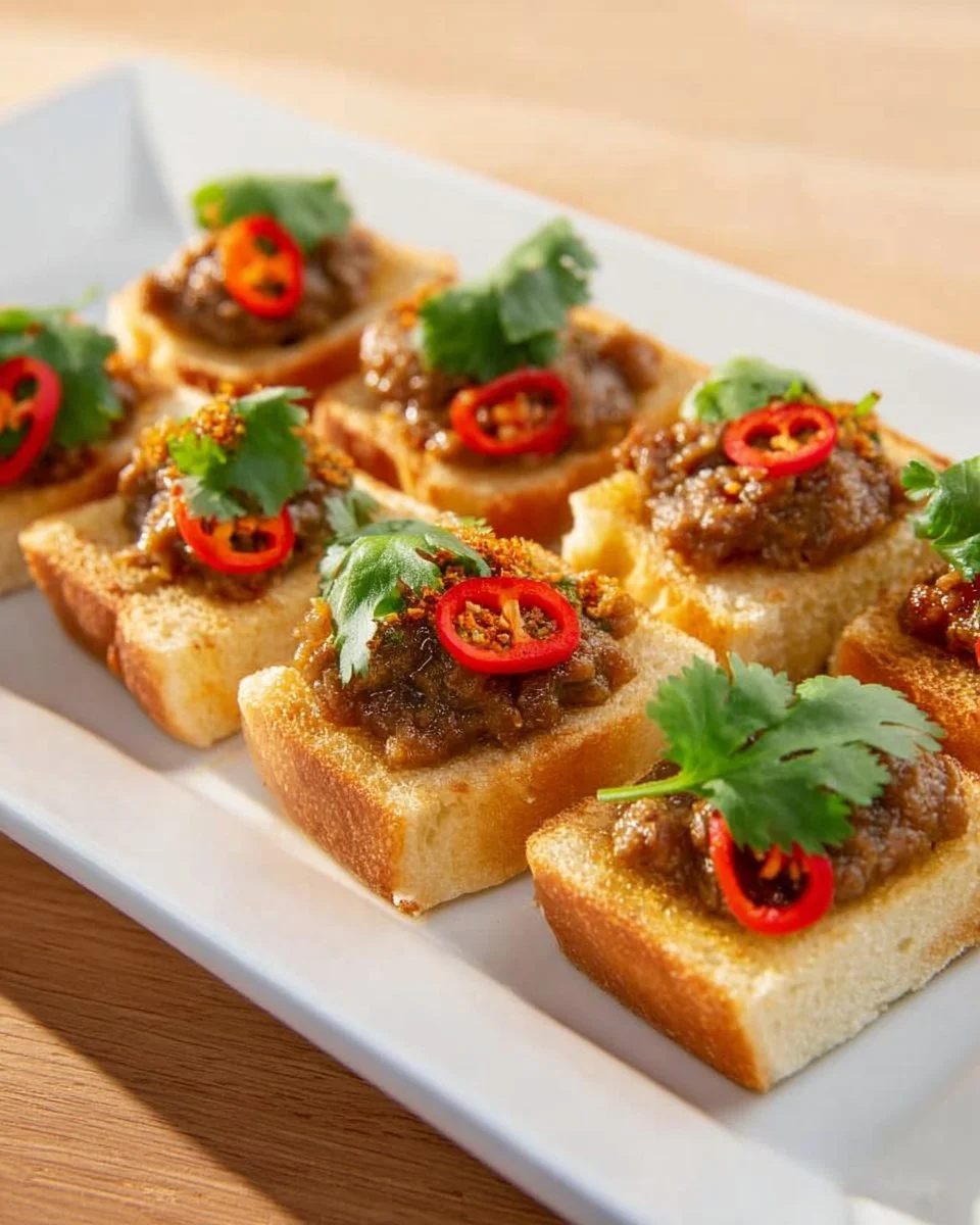 Delicious Baked Thai Pork Toast (Kanom Pung Na Moo) served on a platter.