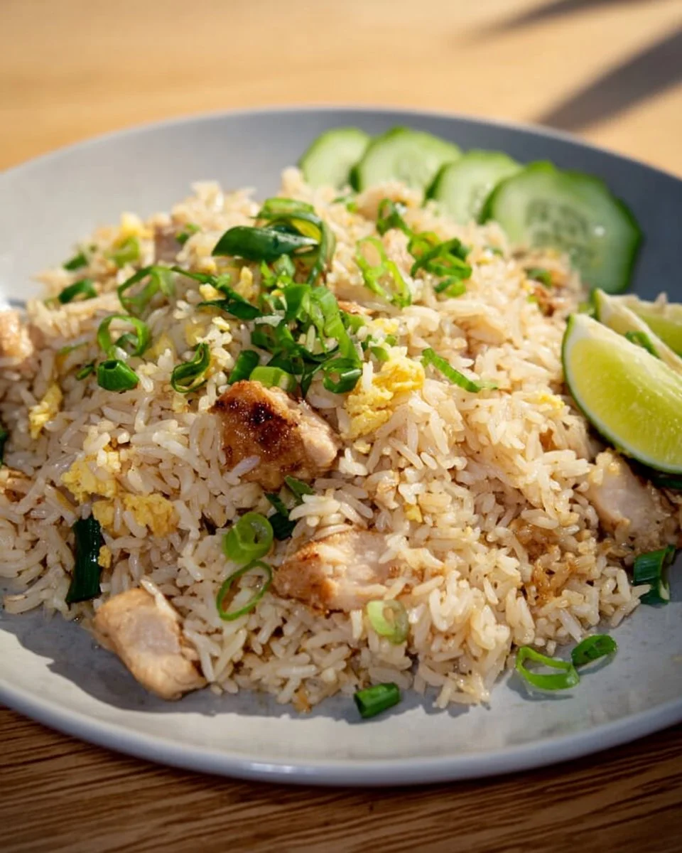 Plate of basic Thai fried rice made with leftover roast, garnished with green onions.