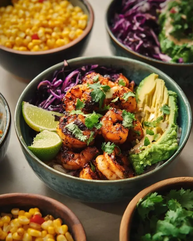 Blackened shrimp bowls garnished with fresh vegetables and herbs.