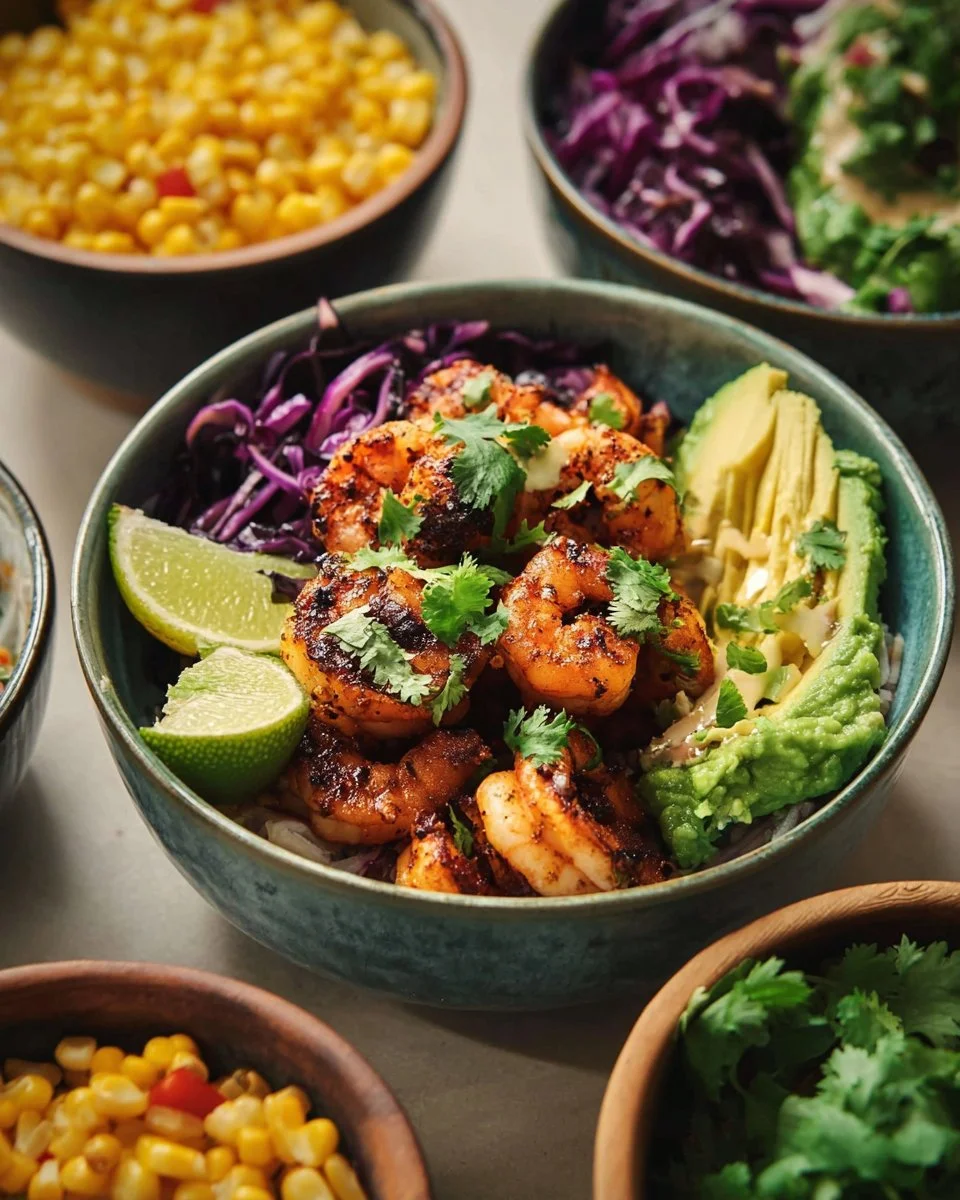 Blackened shrimp bowls garnished with fresh vegetables and herbs.
