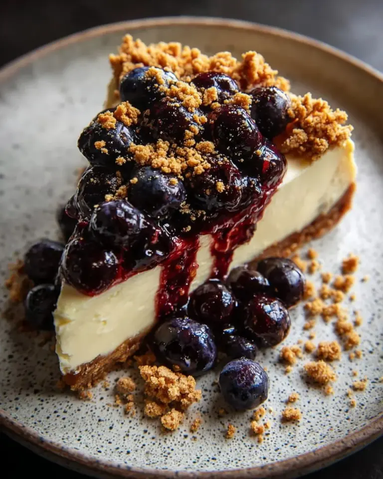 Delicious blueberry crumble cheesecake with a crunchy topping and creamy filling