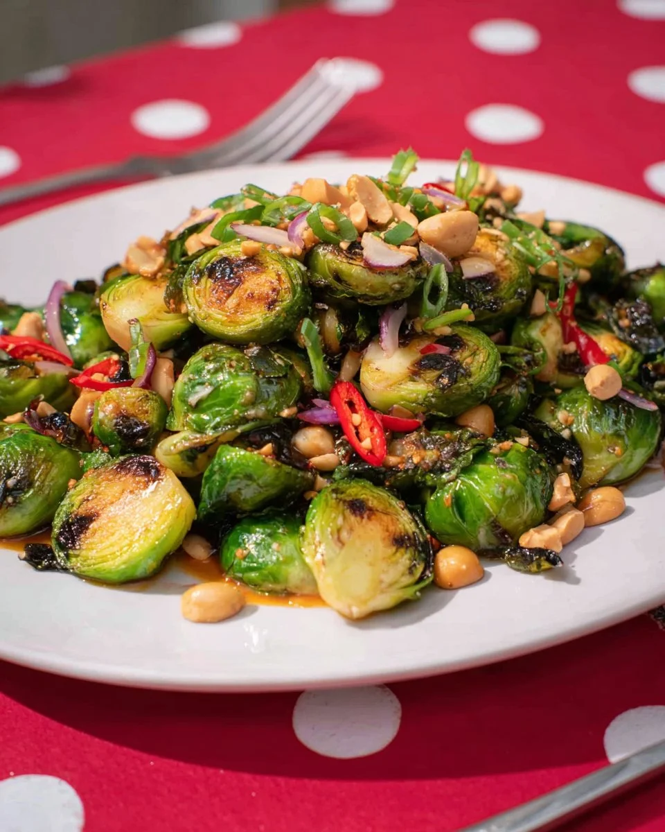 Brussels sprouts drizzled with vibrant Thai dressing in a colorful dish.