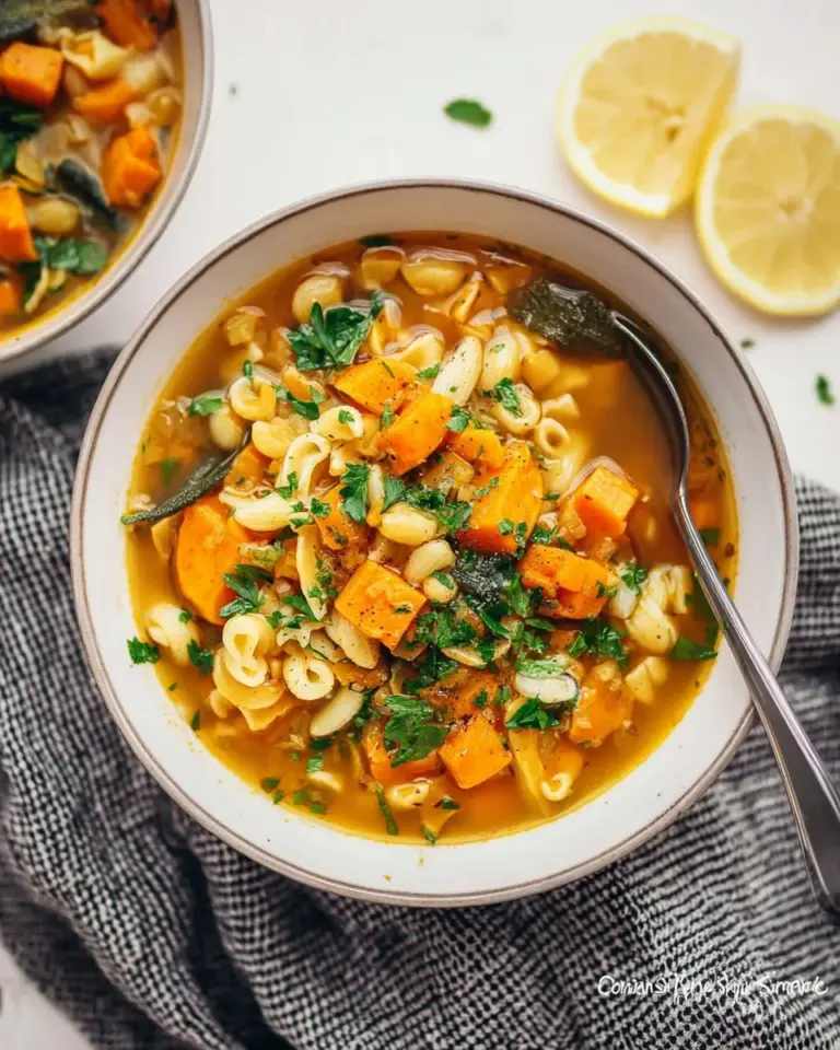 Bowl of Chicken and Sweet Potato Soup garnished with herbs.