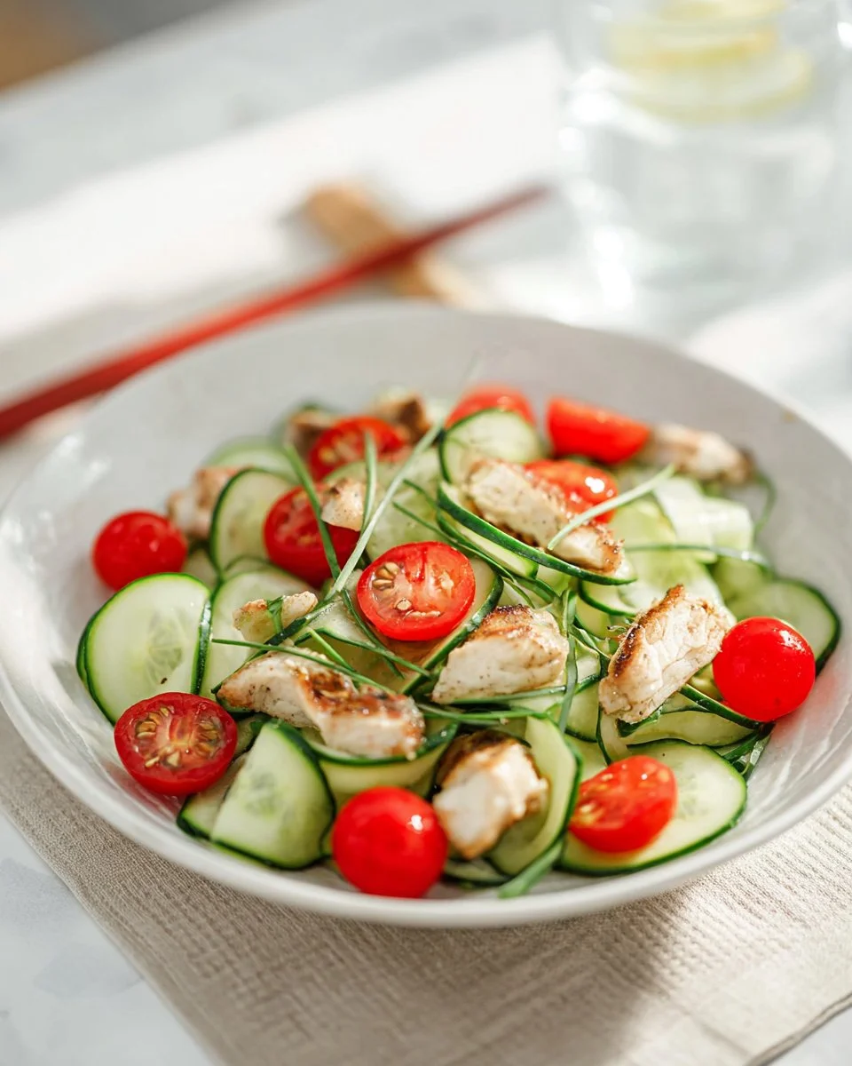 Delicious Chicken Tomato Cucumber Salad served in a bowl
