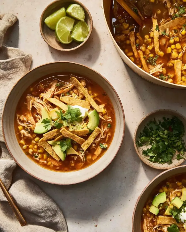 Bowl of delicious Chicken Tortilla Soup garnished with tortilla strips and herbs