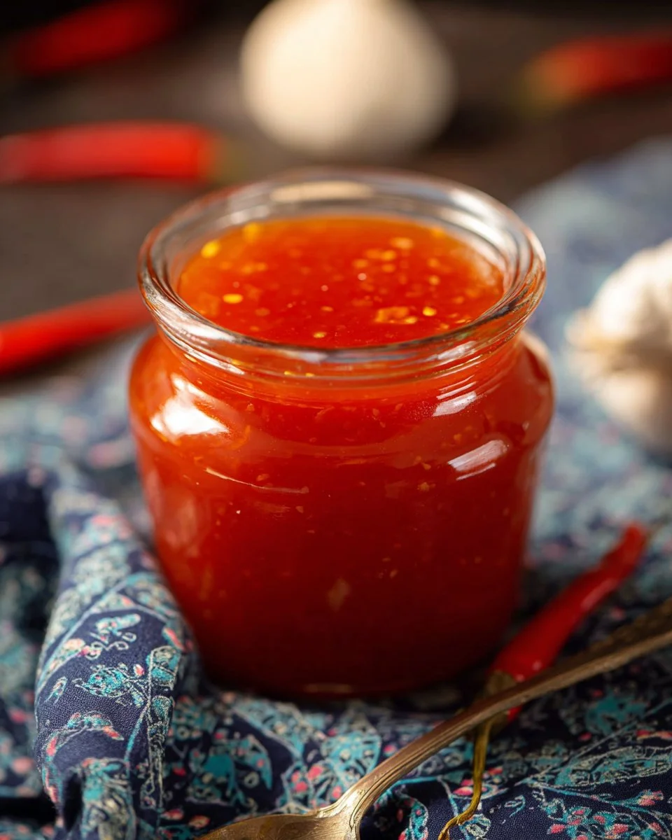 Homemade Chili Garlic Sauce in a jar with fresh garlic and chili peppers