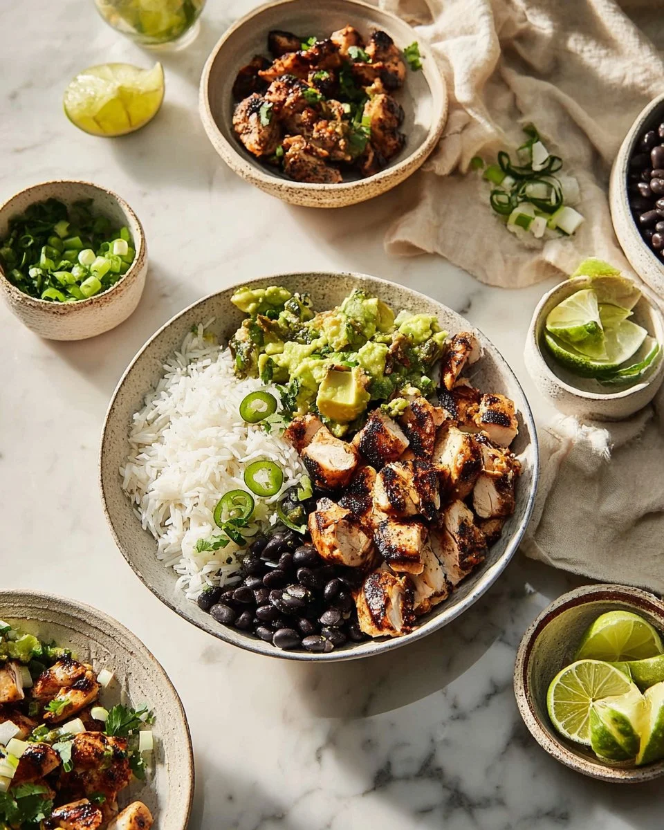Chili lime chicken avocado bowl garnished with fresh cilantro and lime wedges.