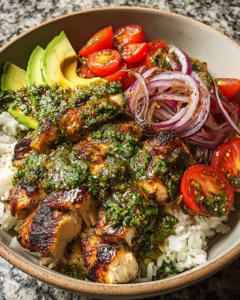 Chimichurri Chicken Bowls with Garlic Sauce served in a bowl with fresh ingredients
