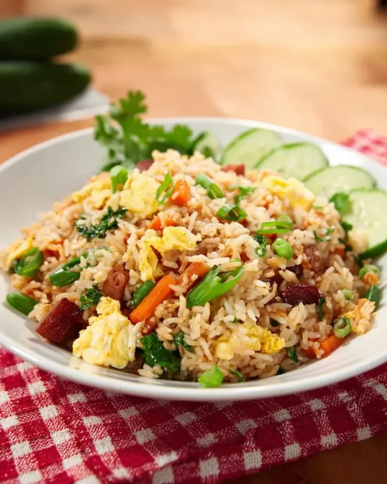 Delicious bowl of Chinese sausage fried rice garnished with green onions