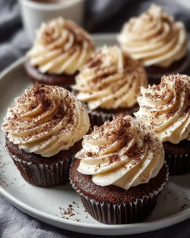 Delicious Chocolate Tiramisu Cupcakes topped with creamy frosting and cocoa powder