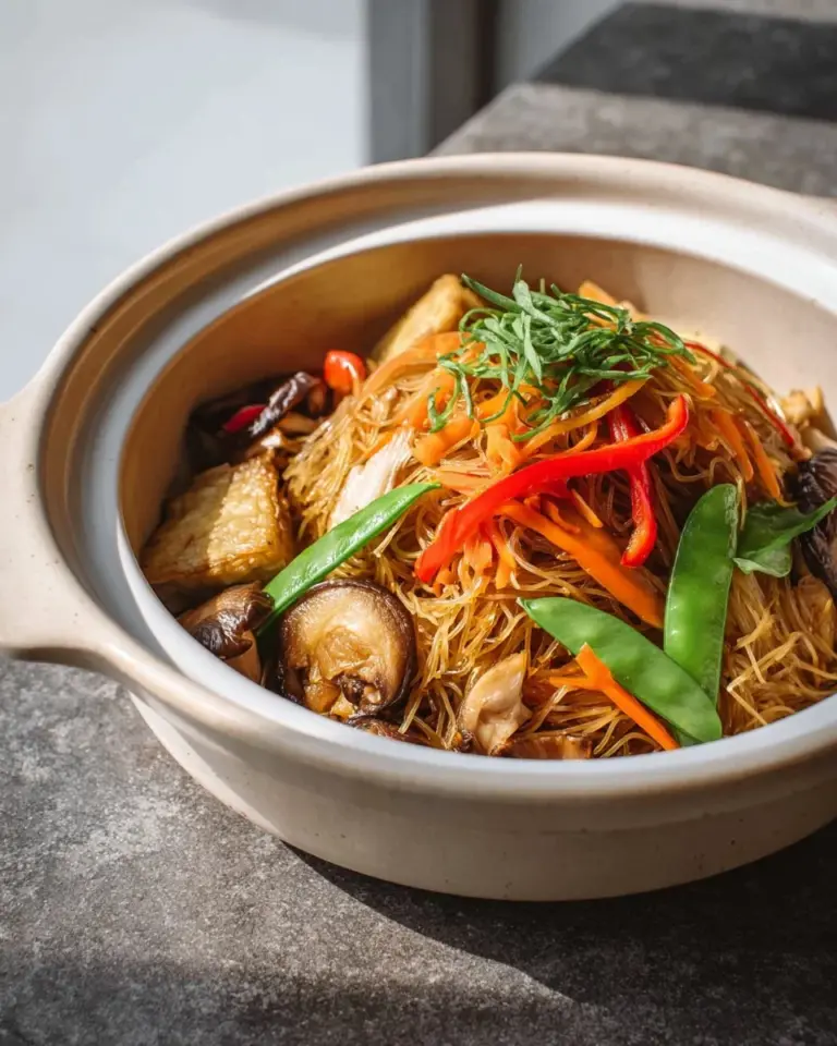 Delicious vegan claypot glass noodles dish with fresh vegetables and seasoning