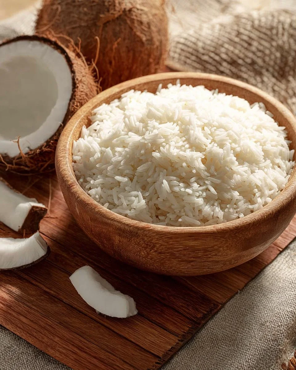 Delicious bowl of coconut rice served with vibrant vegetables