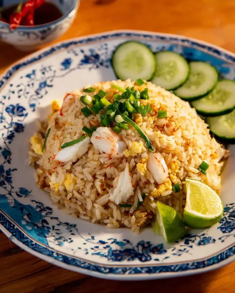 A plate of crab fried rice garnished with green onions and lime.