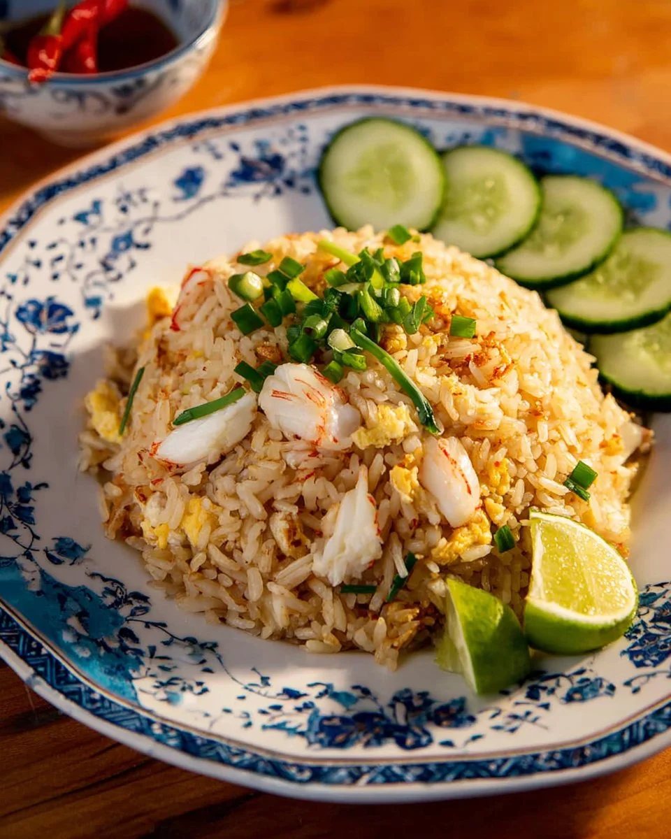 A plate of crab fried rice garnished with green onions and lime.