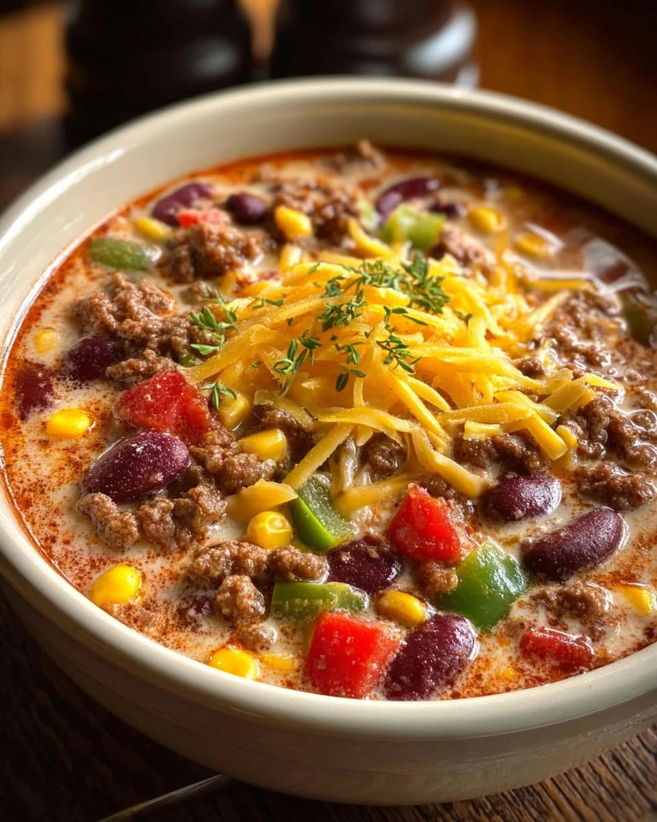 Bowl of creamy cowboy soup with fresh ingredients and spices