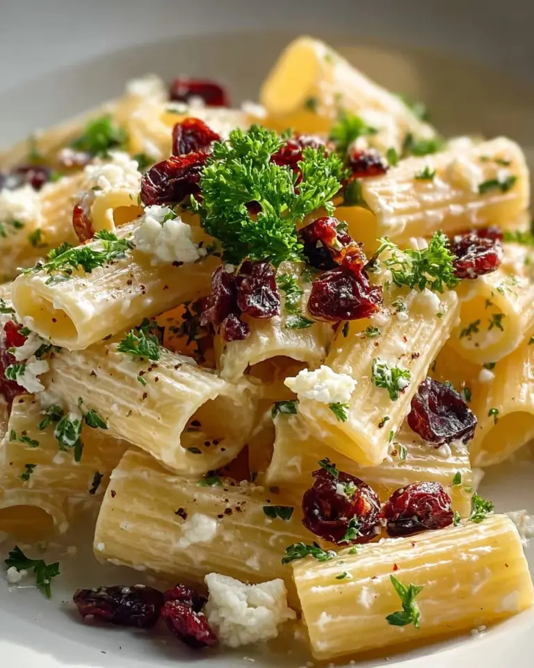 Creamy Feta and Cranberry Rigatoni Salad in a bowl garnished with herbs