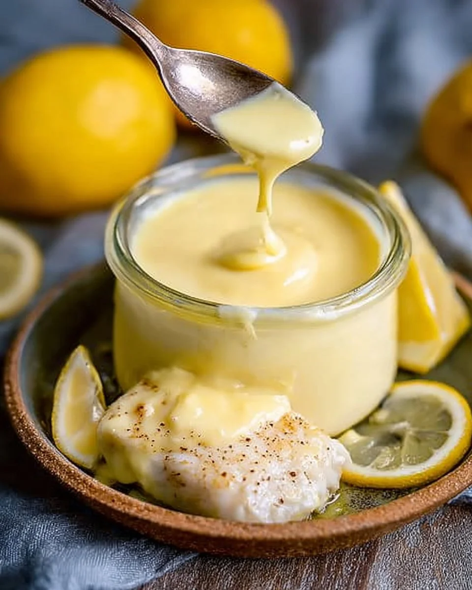 Delicious creamy lemon butter sauce drizzled over seafood and vegetables.