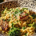 Creamy one-pot chicken sausage and broccoli orzo dish in a bowl