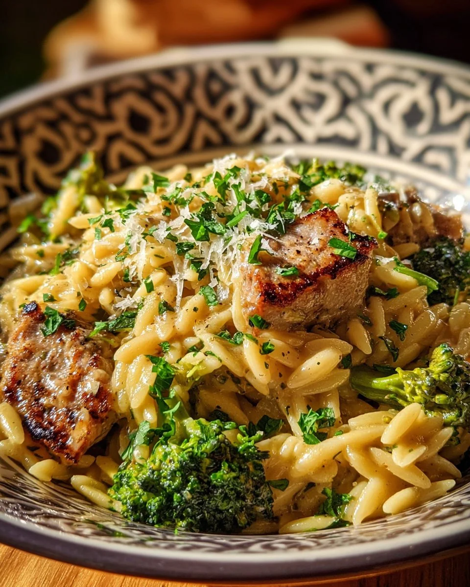 Creamy one-pot chicken sausage and broccoli orzo dish in a bowl