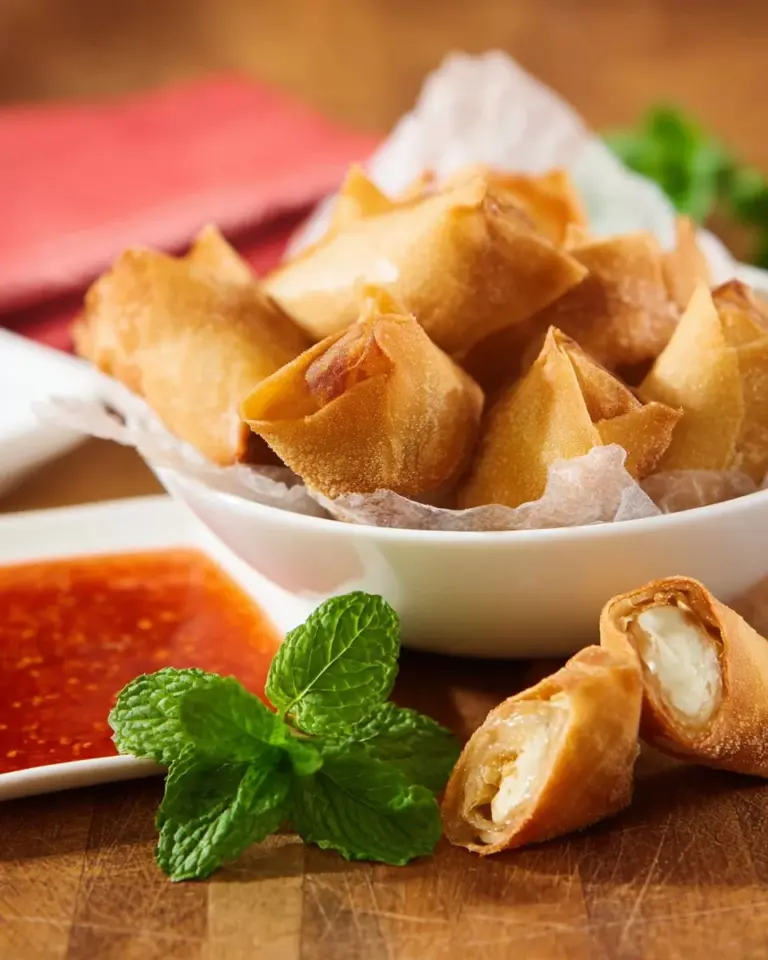 Crispy Chicken and Cheese Golden Bags served on a plate, garnished with herbs.