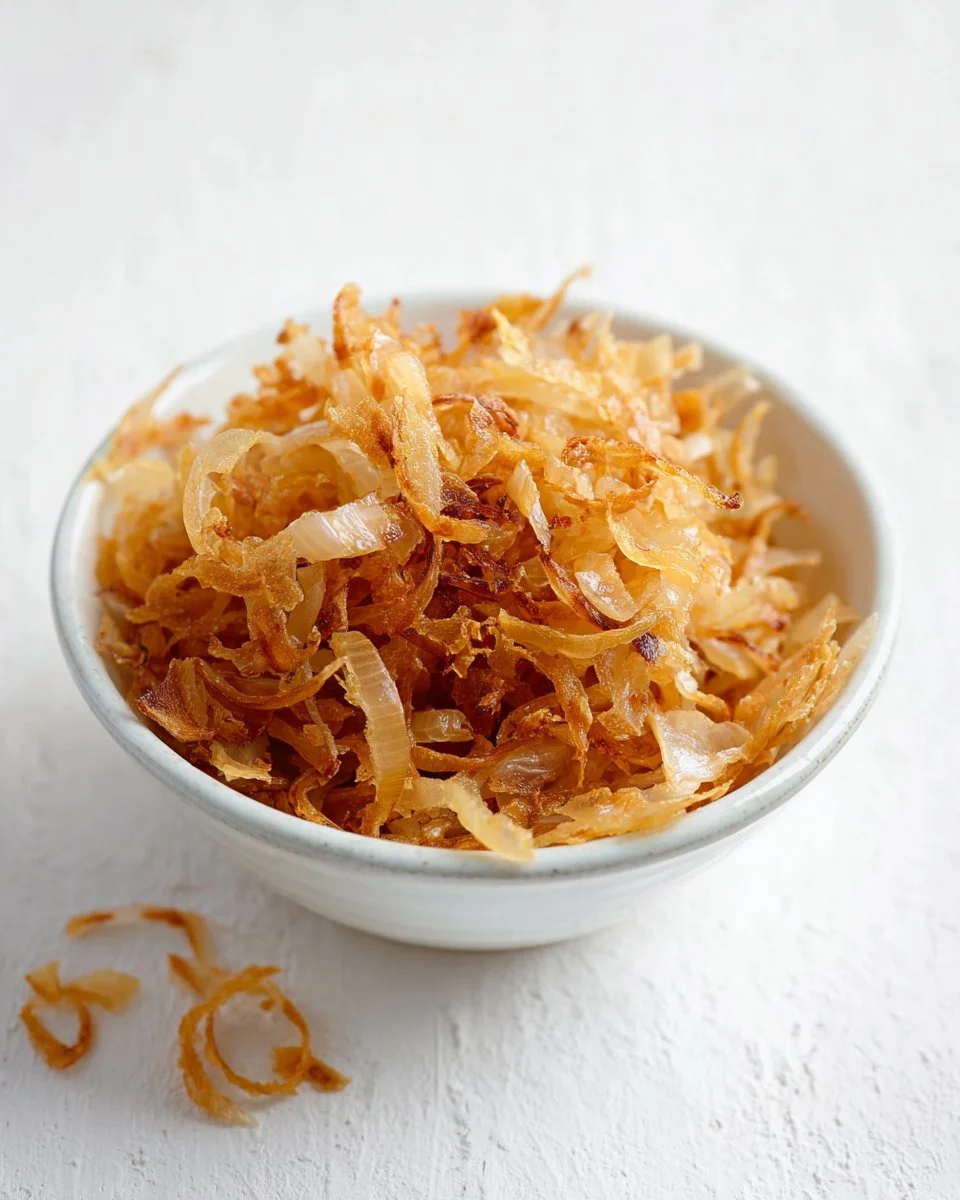 Bowl of crispy fried shallots on a wooden table
