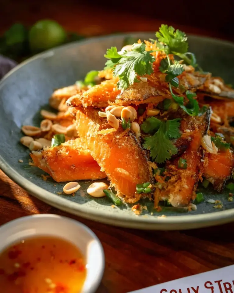 Delicious crispy garlic fish served on a plate with garnish