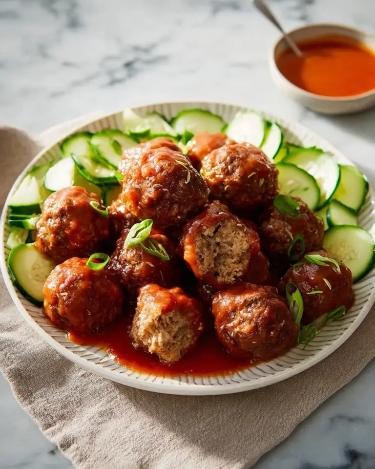Crispy meatballs with glass noodles and sweet chili sauce plated elegantly