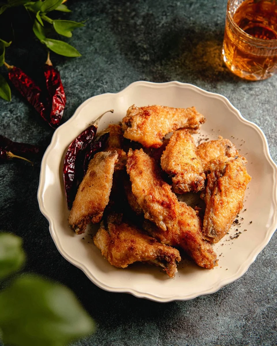 Crispy Thai fish sauce wings garnished with fresh herbs and spices
