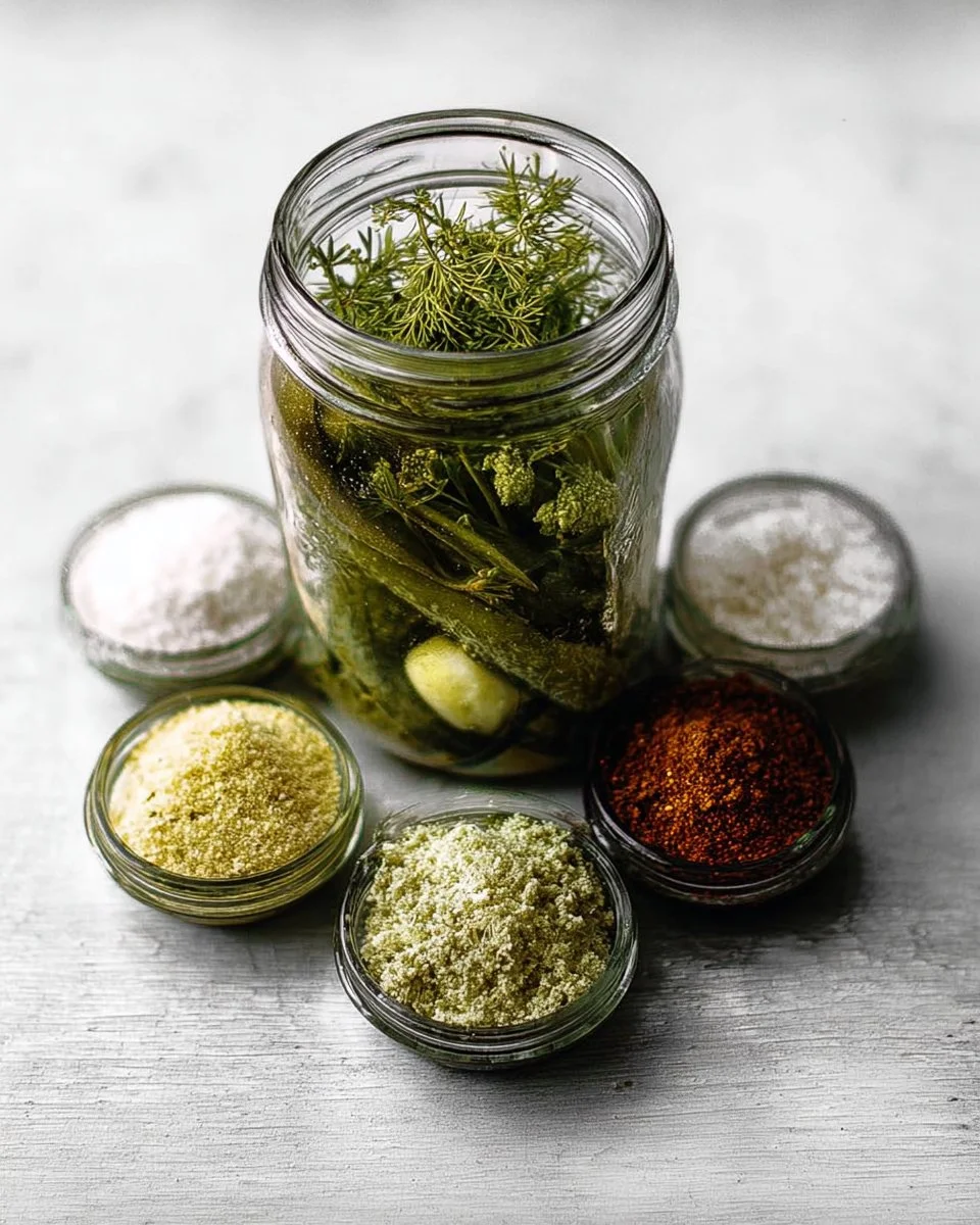 Dill pickle mix ingredients and preparation process for homemade pickles.