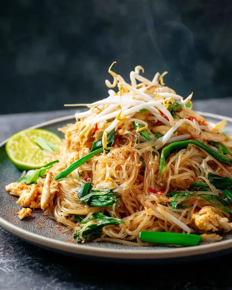 Easier and healthier Pad Thai dish served with fresh vegetables and peanuts