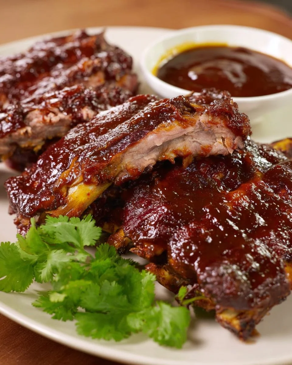 Easy oven ribs with homemade BBQ sauce on a serving platter