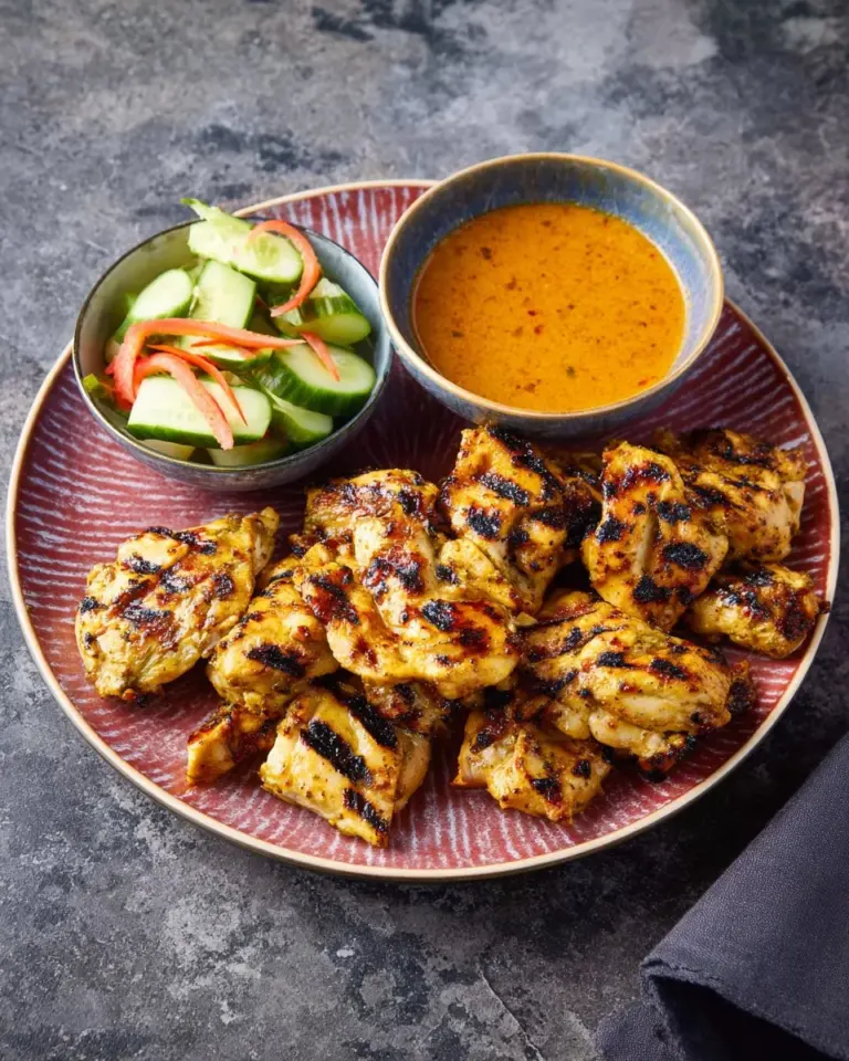 Easy Thai Chicken Satay skewers served with rich peanut sauce