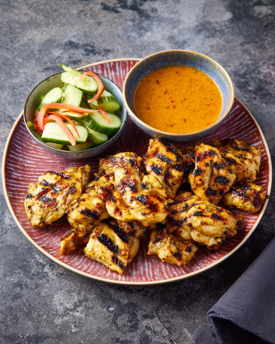Easy Thai Chicken Satay skewers served with rich peanut sauce