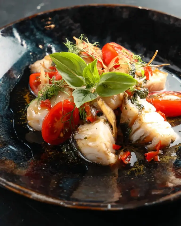Delicious Fish and Herbs Stir-Fry served in a vibrant bowl.