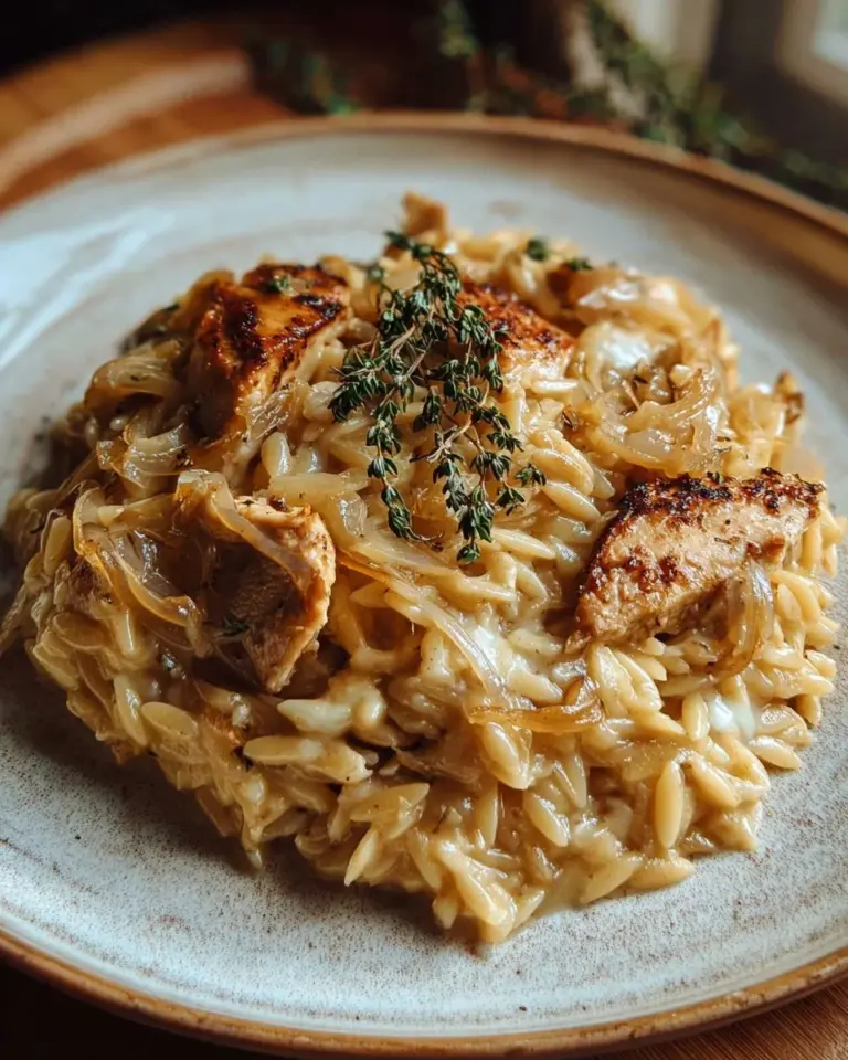Delicious French Onion Chicken Orzo Casserole topped with cheese and herbs.