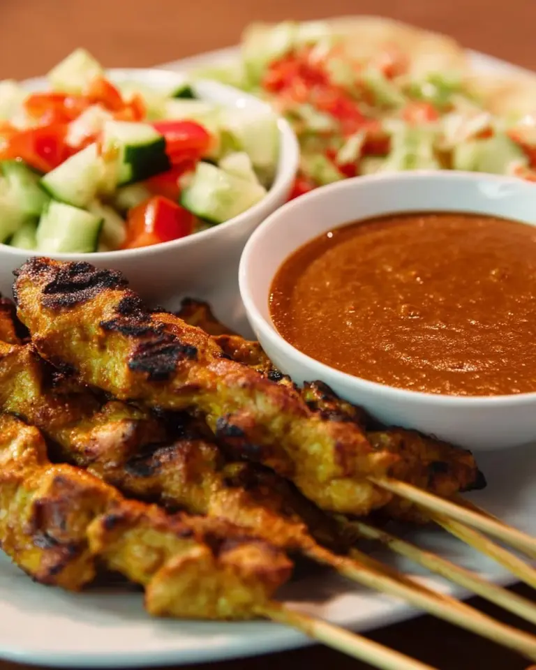 Grilled pork satay skewers served with creamy peanut sauce