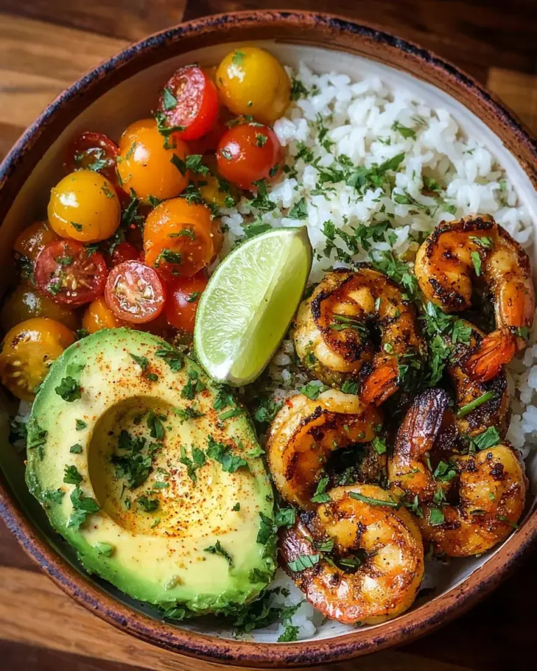 Delicious grilled shrimp bowl recipe with fresh vegetables and herbs