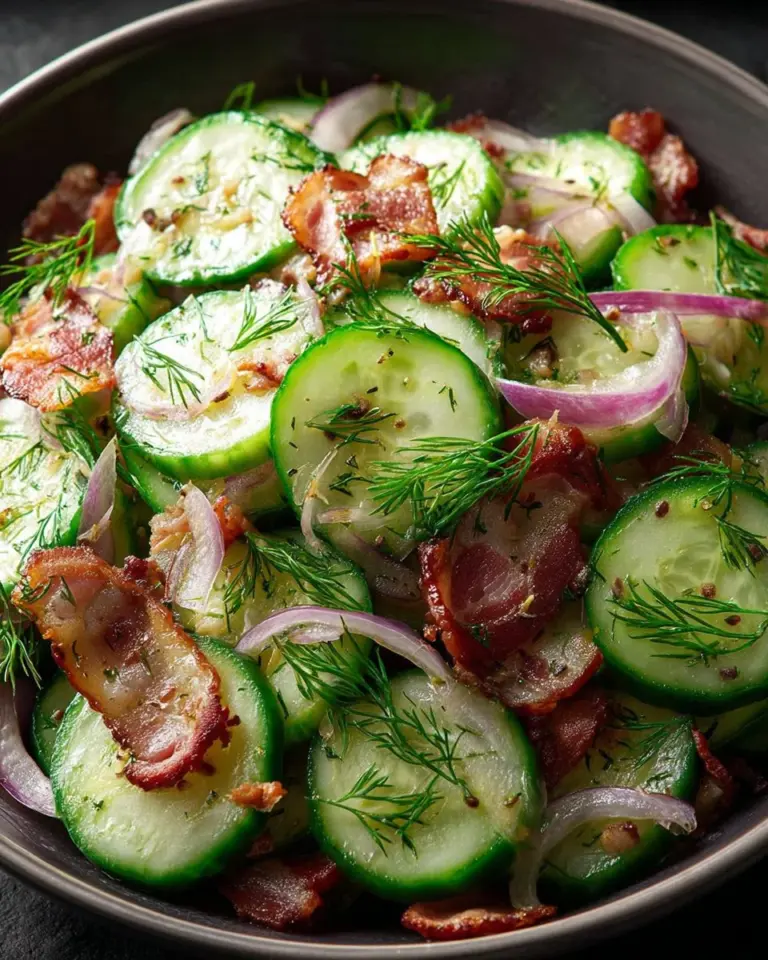 Healthy cucumber salad with bacon and fresh vegetables