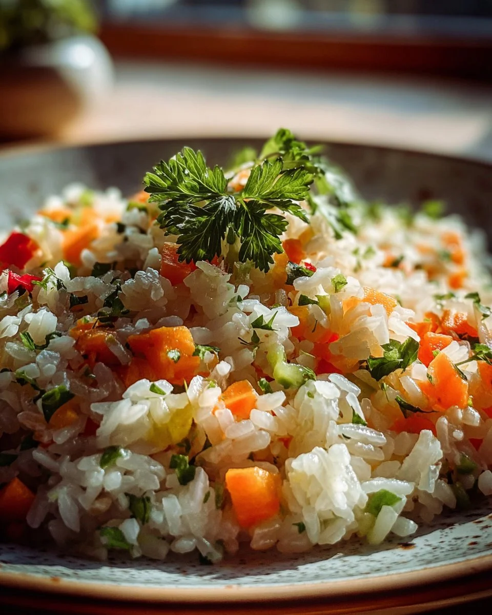Bowl of Herbed Vegetable Rice with colorful veggies and herbs.