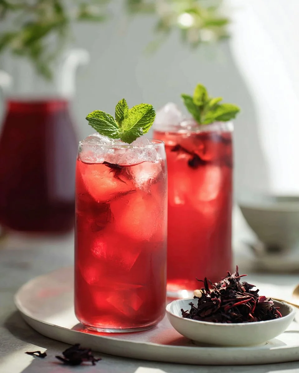A refreshing hibiscus drink served in a glass, garnished with mint leaves.