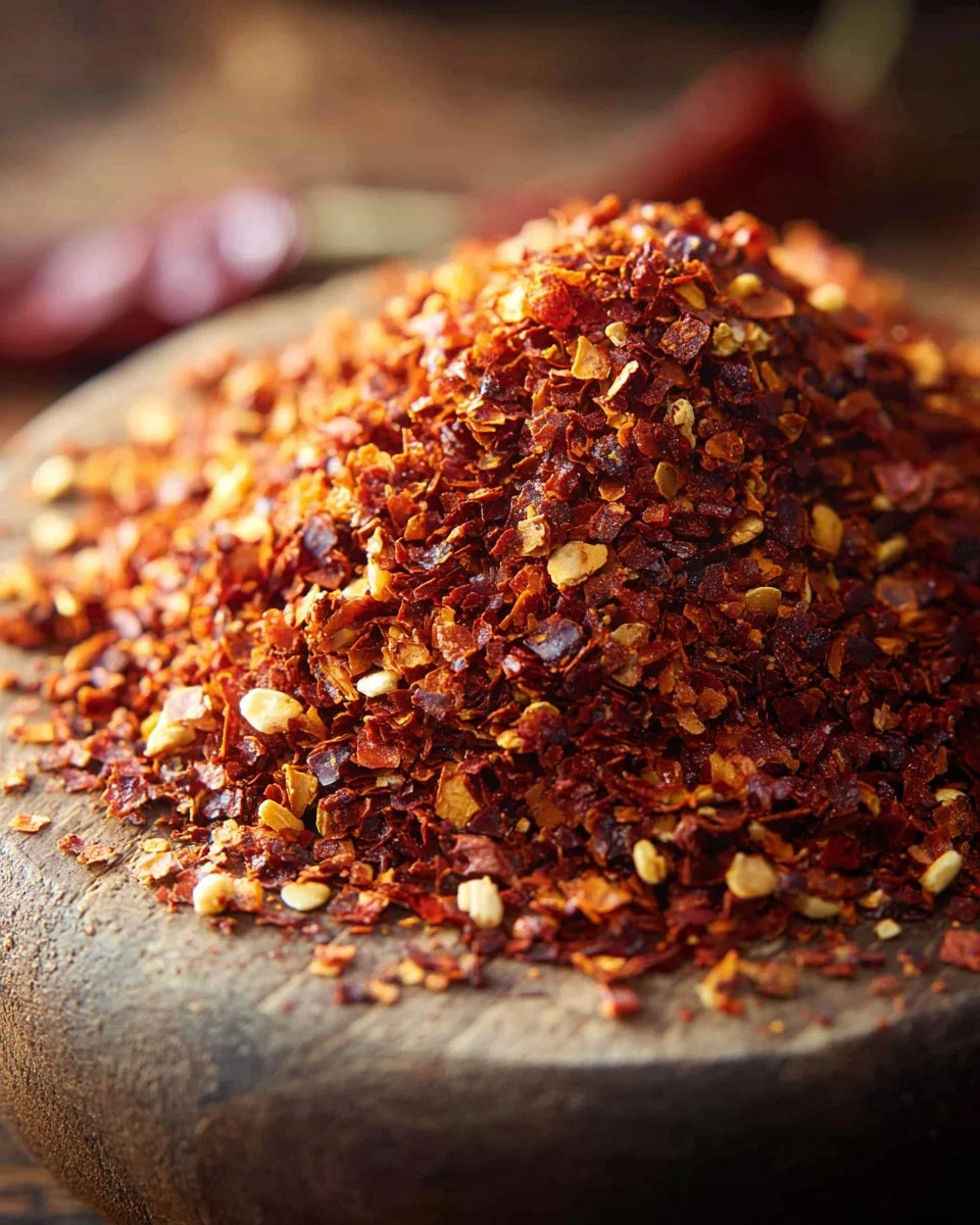 Bowl of homemade chili flakes made from dried red peppers
