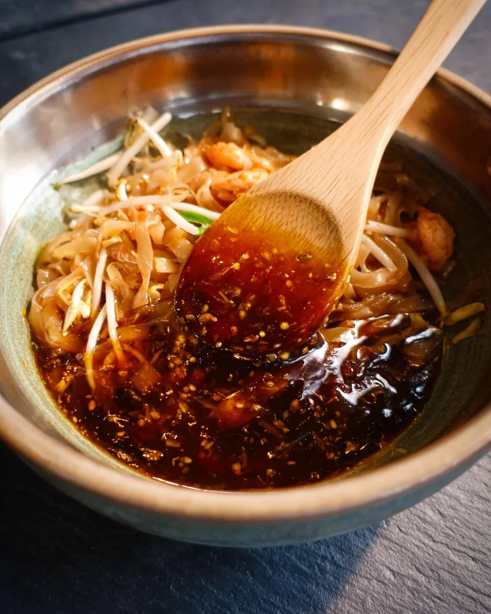 Homemade Pad Thai sauce bottle next to fresh ingredients