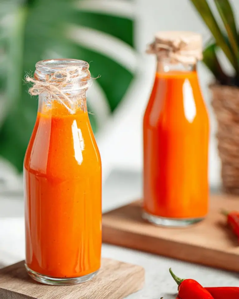 A bottle of homemade Sriracha sauce with fresh chili peppers and garlic.