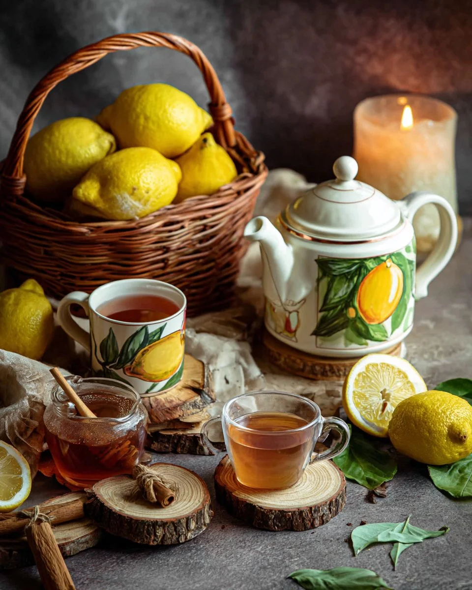 A steaming cup of honey lemon tea with fresh lemon slices and honey, perfect for soothing.