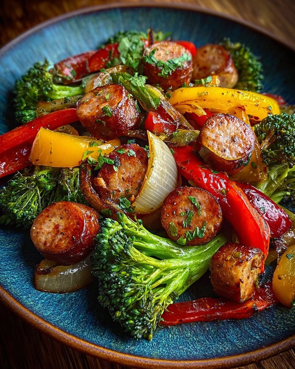 Delicious Honey Garlic Kielbasa with mixed vegetables in a tasty dish.