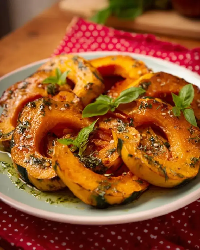 Delicious caramel roasted kabocha squash garnished with herbs.