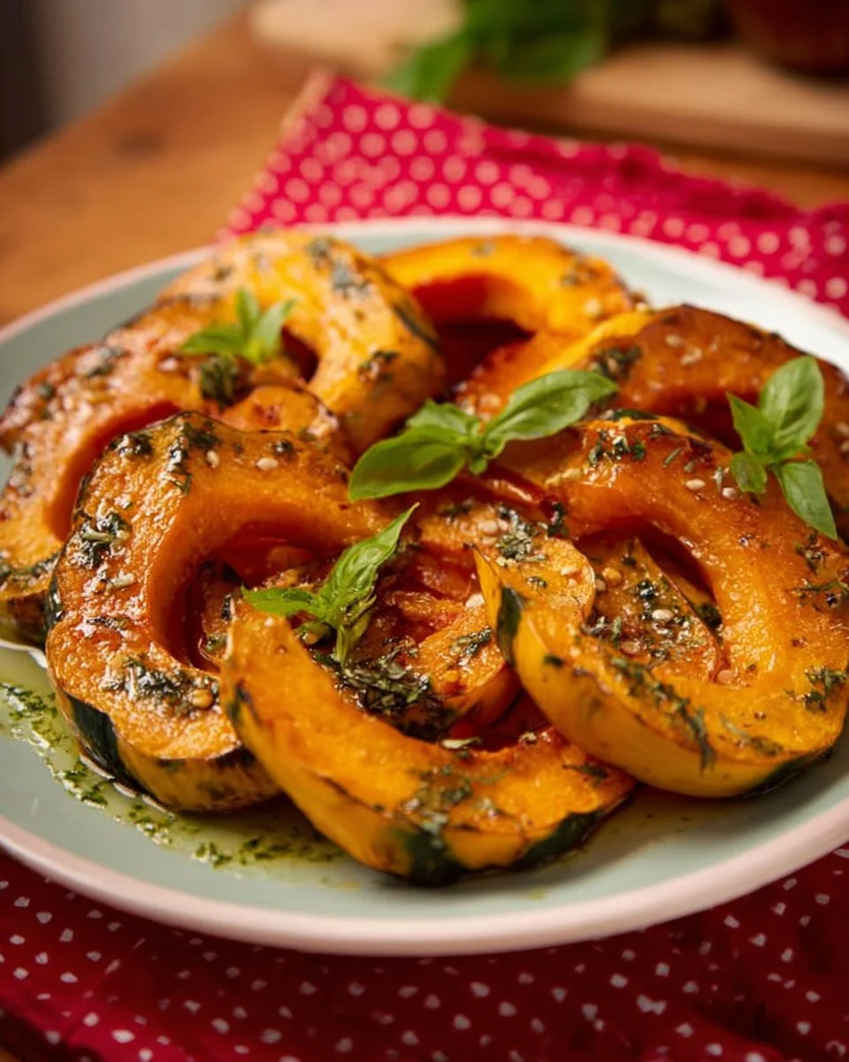 Delicious caramel roasted kabocha squash garnished with herbs.