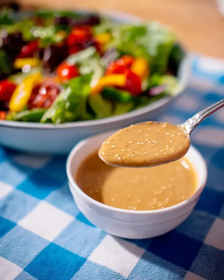 Japanese Deep Roasted Sesame Dressing in a bowl with salad ingredients