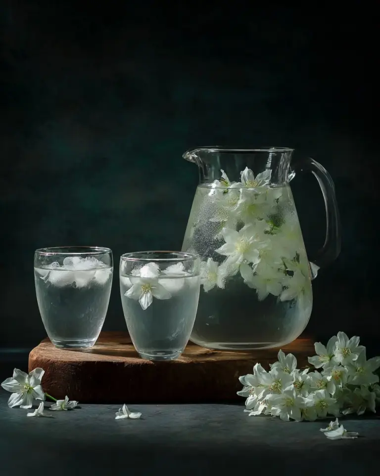 A refreshing glass of jasmine-infused water garnished with flowers