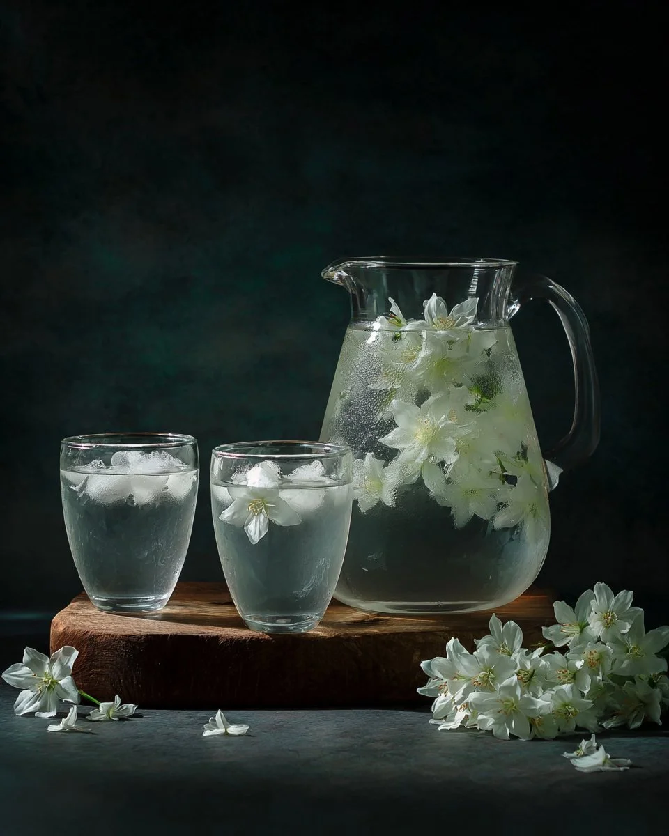 A refreshing glass of jasmine-infused water garnished with flowers